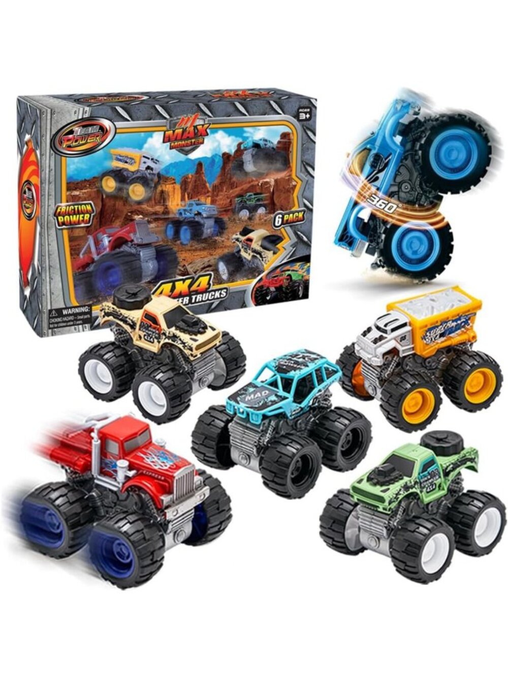6 Pack Friction Powered Monster Trucks for Kids, 4WD Stunt Toy Cars, Age 3